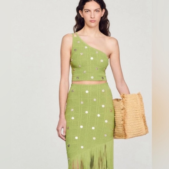 Sandro Green Knit Embellished Top - Picture 1 of 6